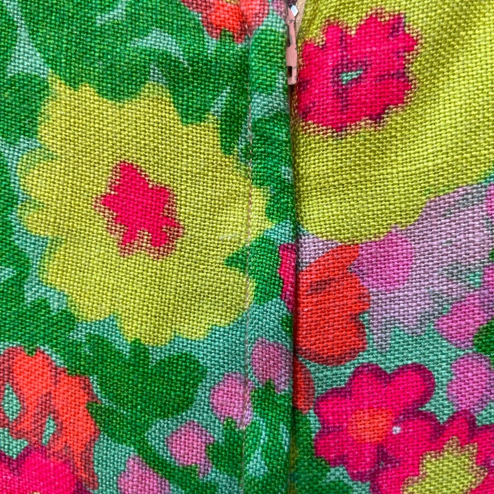 1960s Mod Floral Linen Maxi Dress with Green Bow/Festival/Bohemian/Folk - Picture 5 of 7